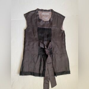 Zara Basic Sleeveless Sheer Tie Front Blouse Brown Black Size M